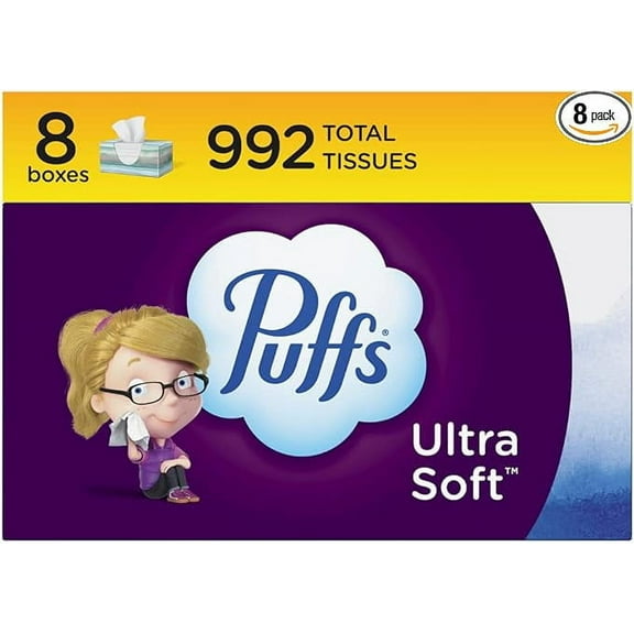 Puffs Ultra Soft Non-Lotion Facial Tissue, 8 Family Boxes, 124 Facial Tissues per Box