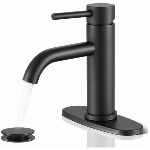 Kede Matte Black Bathroom Faucet Single Hole with Pop-Up Bathroom Drain and Flexible Hoses Single Handle Bathroom Sink Faucet w/ Deck Plate (1 or 3 Hole) for Vanity Sinks, RV, Farmhouse