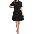 thumbnail image 1 of Vestido de mezclilla para mujer Inspire Chic con mangas cortas abullonadas, cuello de solapa, botones y largo midi, talla XS, color negro, 1 of 5