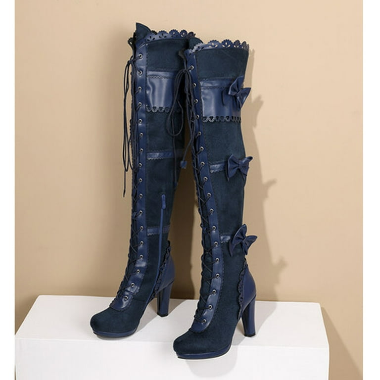 Women s Over The Knee Thigh Boots Chunky High Heel Round Toe Lace Up Goth Punk Combat Booties Motorcycle Boots Tall Boot Walmart