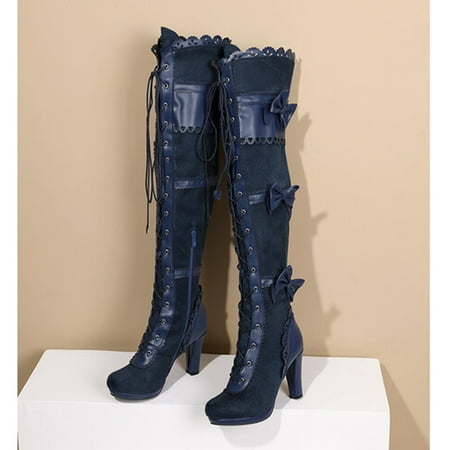 

HaiMao Womens Knee High Boots Clearance Suede Buckle Rock Lace Up Zipped Thigh High Heel Boots Blue 9(42)