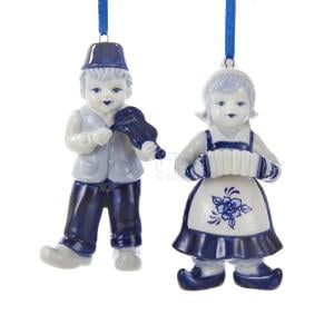Porcelain Delft Blue Cat Ornament Set Of 2