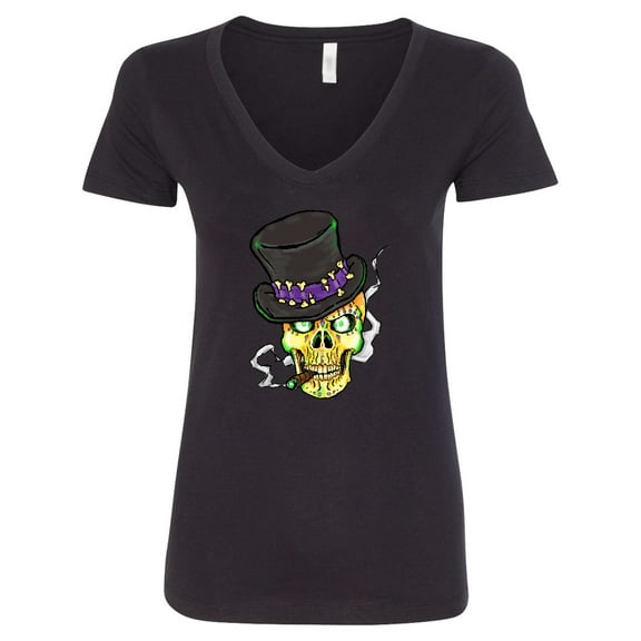 Inktastic Mardi Gras Skull with Cigar Women's V-Neck T-Shirt