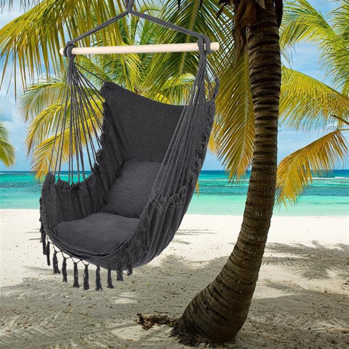 US IN STOCK Hanging Chair Swing Hammock Hanging Rope Chair Hanging Bubble Chair Swing Chair for Garden Patio Deck Yard Indoor Bedroom with 2 Cushions Max 264.55lb Larger Tassel Gray Walmart