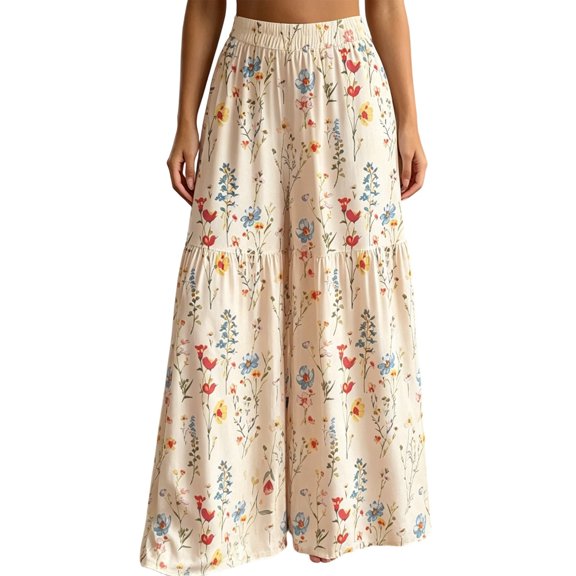Women's Floral Print Casual Pants High Waist Loose Wide Leg Flowy Straight Long Trousers Summer Beige L