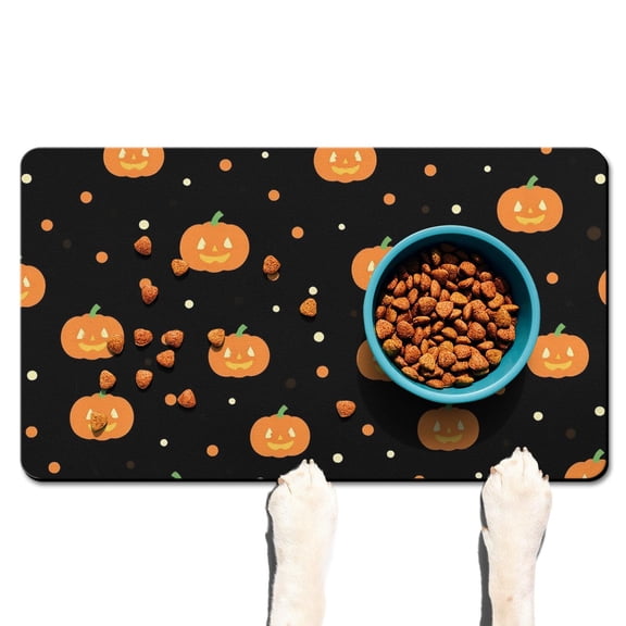 Halloween Pumpkin Dog Food Mats for Floors Absobing Durable 17x30 Inch Pet Food Mat Ghost Boo Spooky Dog Feeding Mat EcoFriendly Durable Pet Placemat