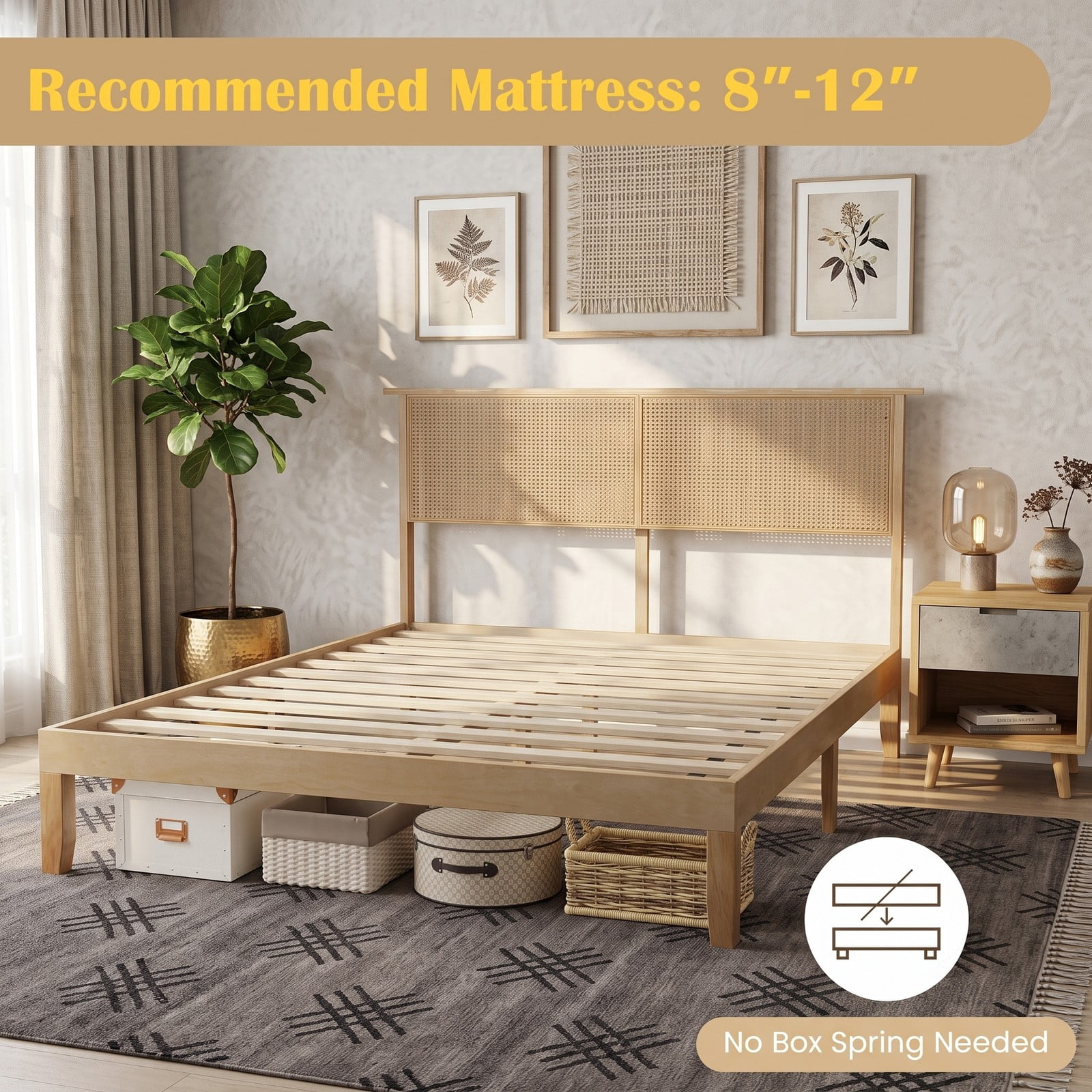 Furnibear Queen Bed Frame with Headboard, Wood Platform Bed Frame with Boho Rattan Headboard and Slat Support, No Box Spring, Natural