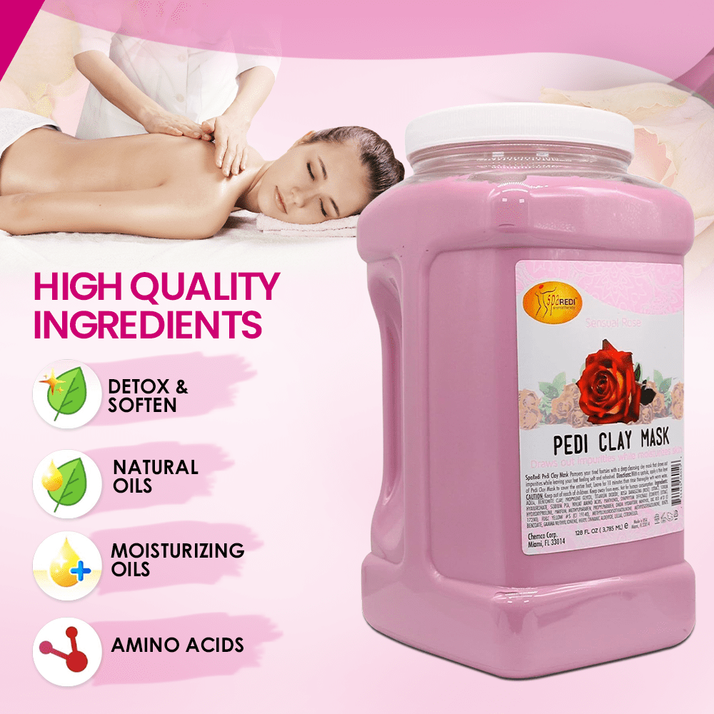 SPA REDI - Clay Mask, Sensual Rose, 128 Oz - Pedicure and Body Deep Cleansing, Skin Pore Purifying, Detoxifying and Hydrating - Natural Bentonite Clay, Infused with