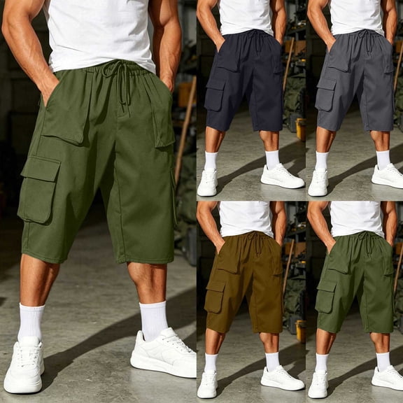 UVEASISHA Mens Big and Tall Capri Cargo Pants Solid Color Baggy Capris Elastic Waist Drawstring 3/4 Length Cropped Trousers Fashion Streetwear Army Green XXL