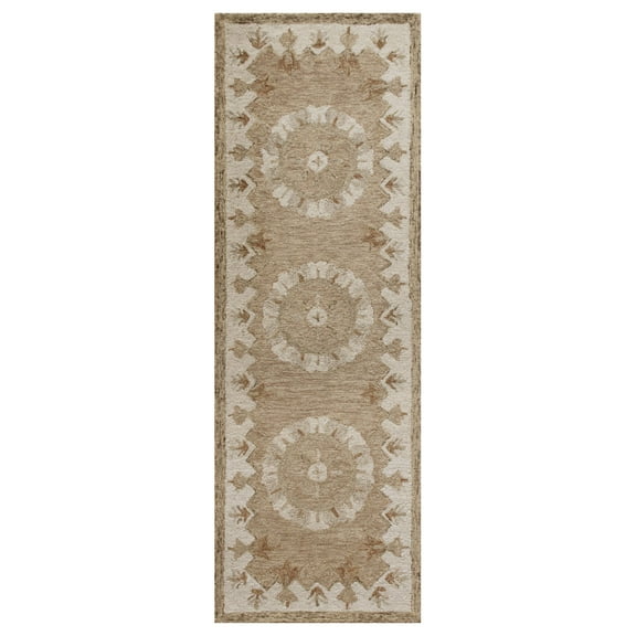 Laddha Home Designs 2.25' x 6.75' Tan and White Medallion Handmade Rectangular Wool Rug Runner
