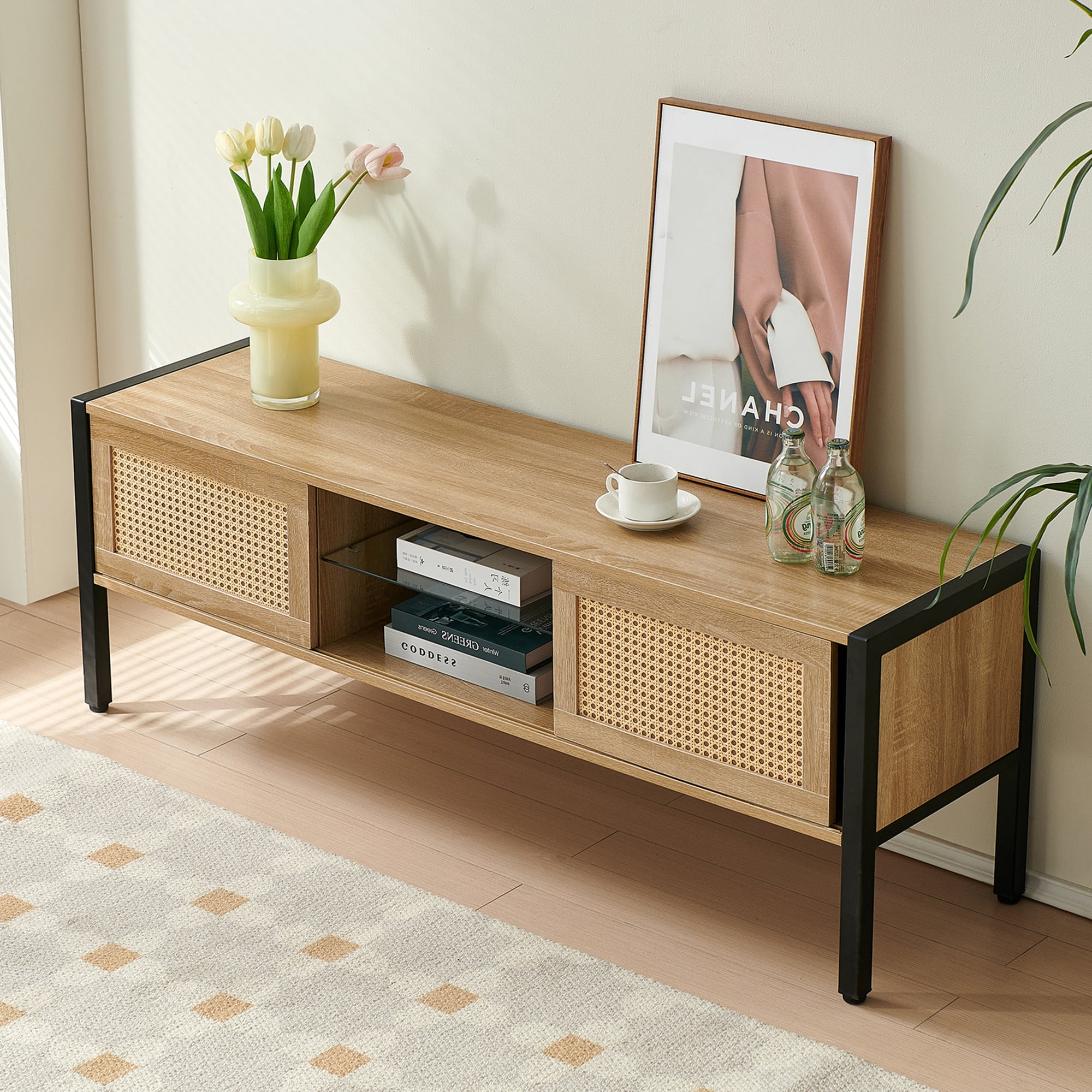 MAYEERTY 54.33" Rattan TV Cabinet with Adjustable Shelf, Variable Color Light Strip, and Metal Legs, Natural
