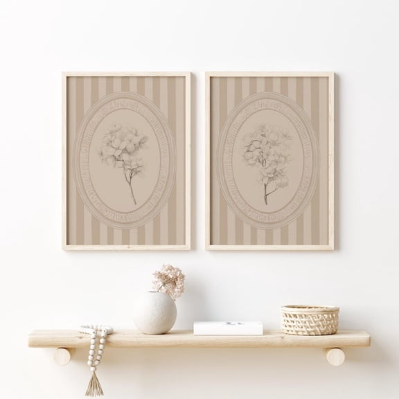 UNFFRAMED Hydrangea Prints, French Country Cottagecore Decor Neutral Vintage Floral Wall Art, Striped Botanical Antique Art Set 2 Prints 8x12