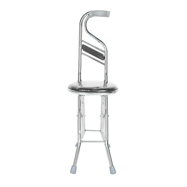 Taburete plegable con forma de bastón para caminar, de acero inoxidable, para personas mayores, con cuatro patas engrosadas (negro)