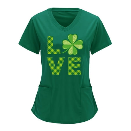 

Women Scrubs Top Nurses Clothing Workwear Working Uniform T-Shirt Printed Short Sleeve Leisure V-Neck Solid Color Shirts Blouse Tops With Pockets Top