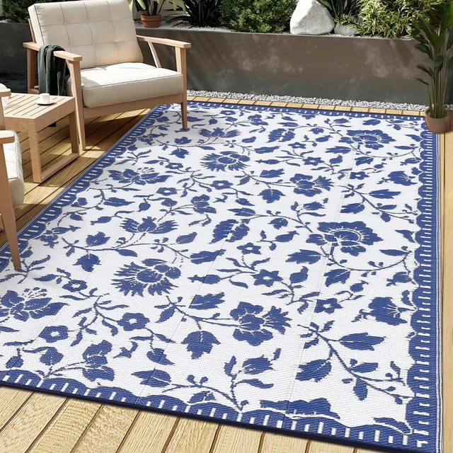 Reversible Outdoor Rug Waterproof, Vintage Plastic Straw Carpet with Portable Bag, UV Resistant Lightweight Patio Mat for Backyard Beach RV Deck, Navy Blue+White