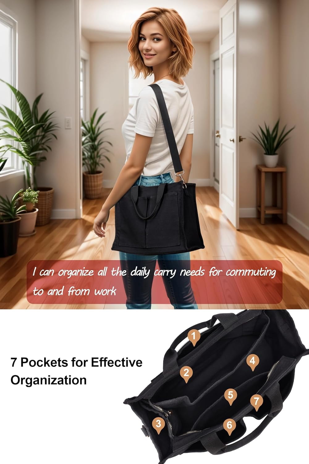 College Tote Bag for Women - Crossbody Canvas Tote Bag with Zipper & 7 Pocket for Work College Teacher Nurse Gift