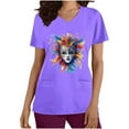 thumbnail image 2 of Jinhomg Womens Holiday Nursing Uniforms Trendy Mask Graphic Mardi Gras Shirts Casual Comfy Short Sleeve V Neck Nurse Workwear with Pockets Purple XXL, 2 of 6
