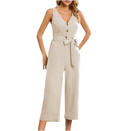 

Business Casual Jumpsuit for Women Sleeveless Button V Neck Backlees Capri Onesie Rompers Solid Formal Jumpsuits