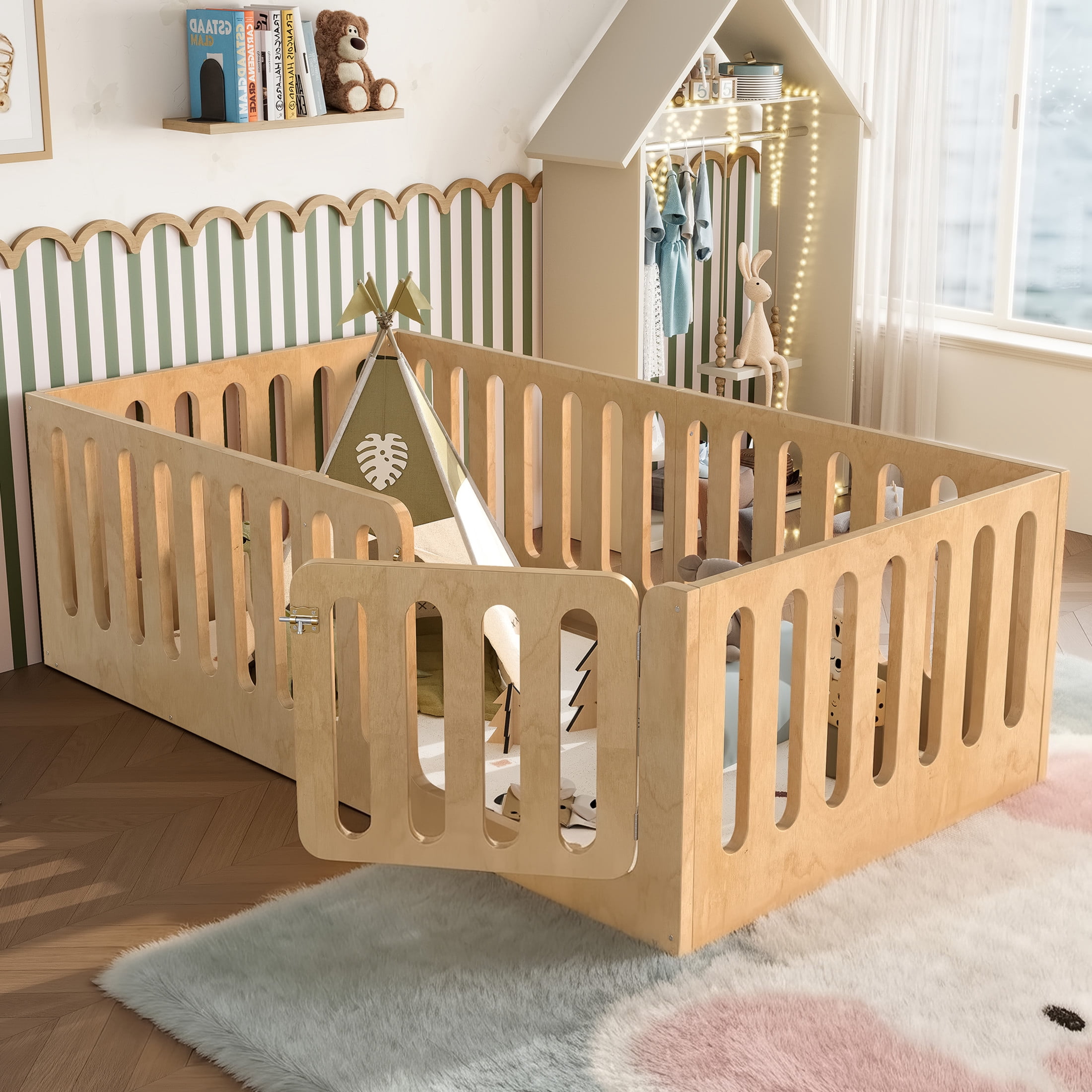 Noble House Twin Size Montessori Floor Bed with High Fence, Solid Wood Kids Bed Frame, Natural