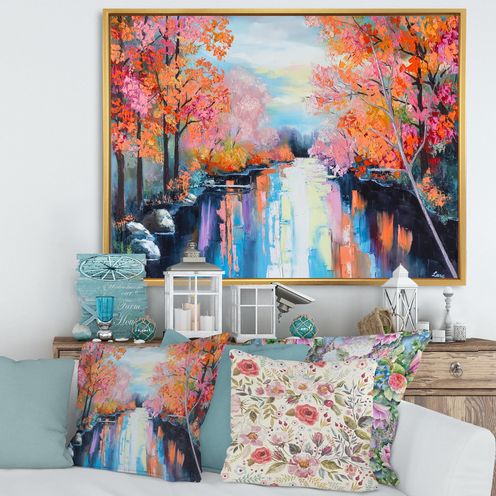 Designart 'The River Through Orange Autumn Forest' Lake House Framed Canvas Wall Art Print