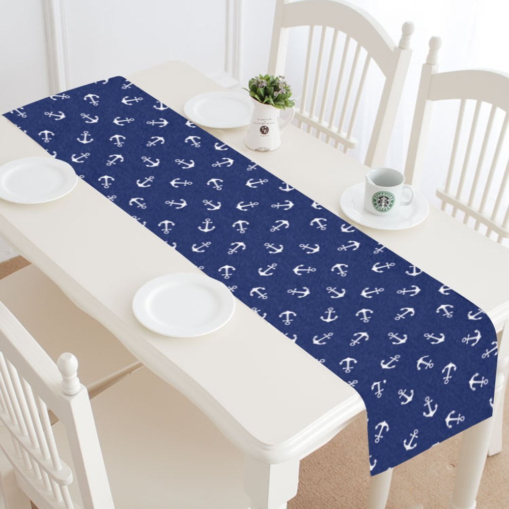 MYPOP Navy Nautical Anchor Table Runner Home Decor 14x72 Inch,Blue Sea
