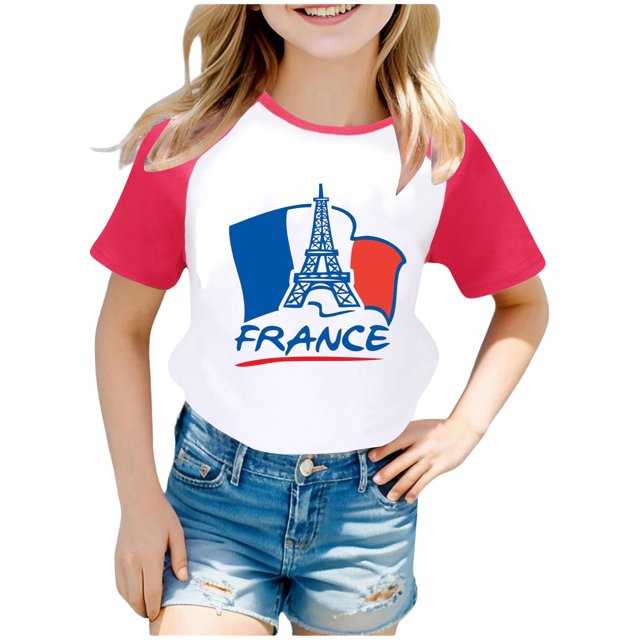 Chemises pour Fillettes à Manches Raglan Imprimé Commémoratif Tourisme Urbain Manches Courtes Tops Filles Rouge 7 Ans-8 Ans