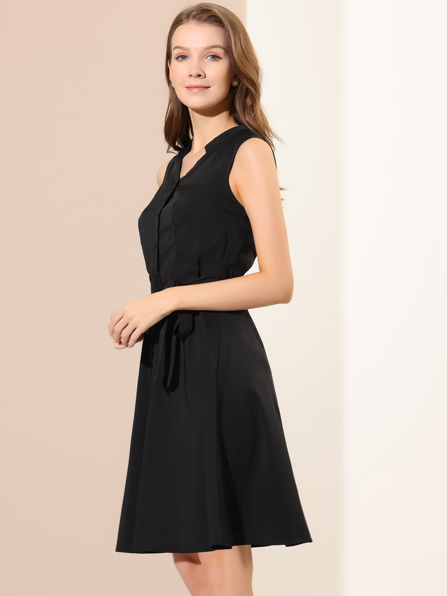 DARING DIVA Women's Sleeveless Shirtdress Belted V Neck Button Down Dress M Black