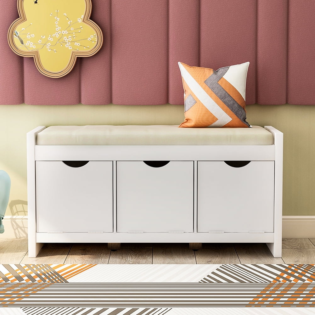 Lowestbest Storage Bench with Removale Cushion and 3 Flip Lock Storage Cubbies for Living Room, Entryway (White) Lowestbest Storage Bench with Removale Cushion and 3 Flip Lock Storage Cubbies for Living Room, Entryway (White)