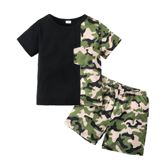 Kucnuzki 5T Toddler Boy Spring Summer Outfits Shorts Sets Short Sleeve Half-Panel Camou Prints Tee Top Elastic Camouflage Shorts 2PCS Set Black