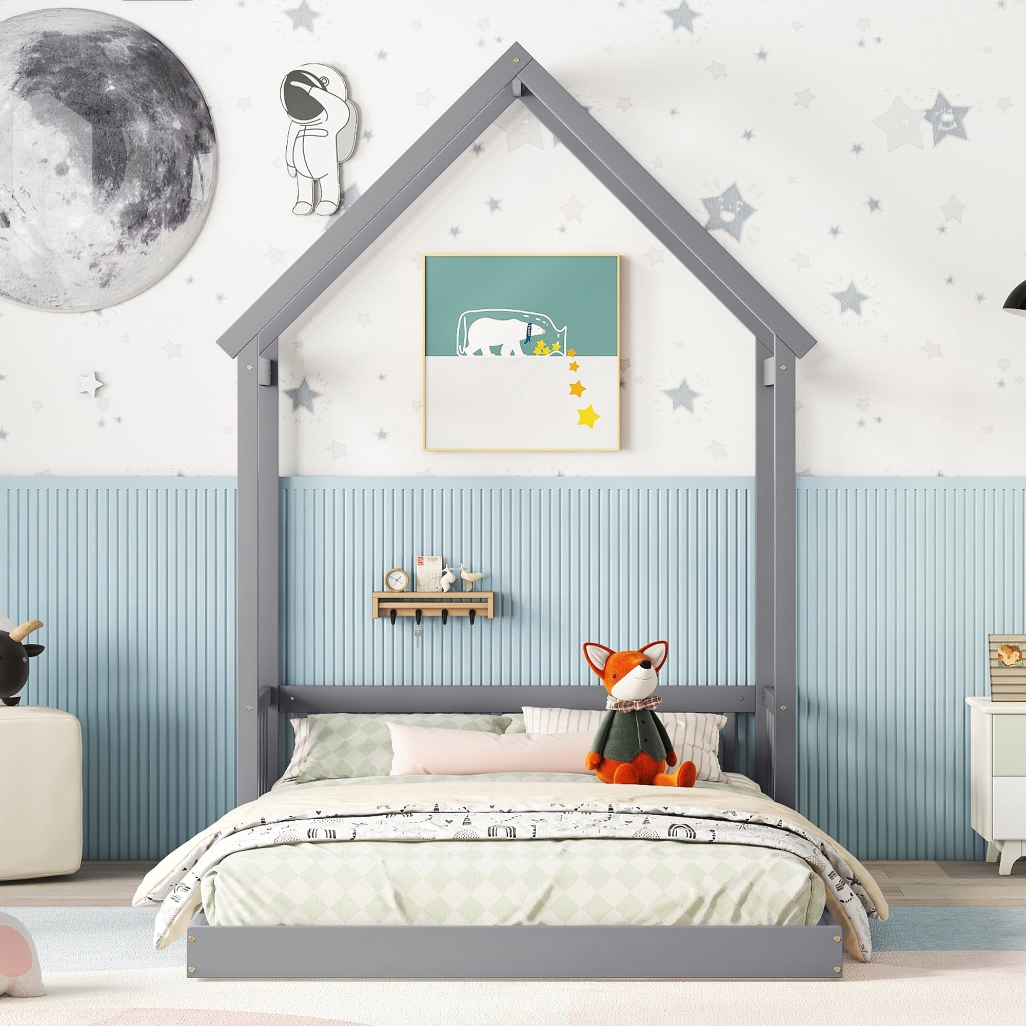 Euroco Full Size Pine Wood Platform Bed, House Floor Bed for Kids, Gray