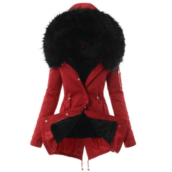 Ikevan Ladies Lining Coat Womens Winter Warm Thick Long Jacket Hooded Overcoat Red 12(XXL)