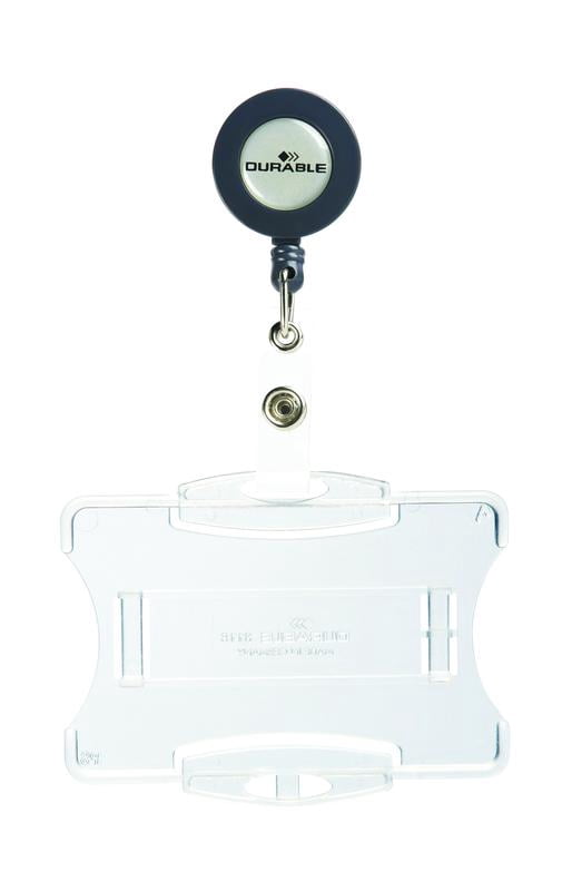 DURABLE Open Face style ID Badge Holder with Retractable Reel, Horizontal Or Vertical Orientation, 2-3/4" x 3-5/8", Clear, Pack of 10 (801119)