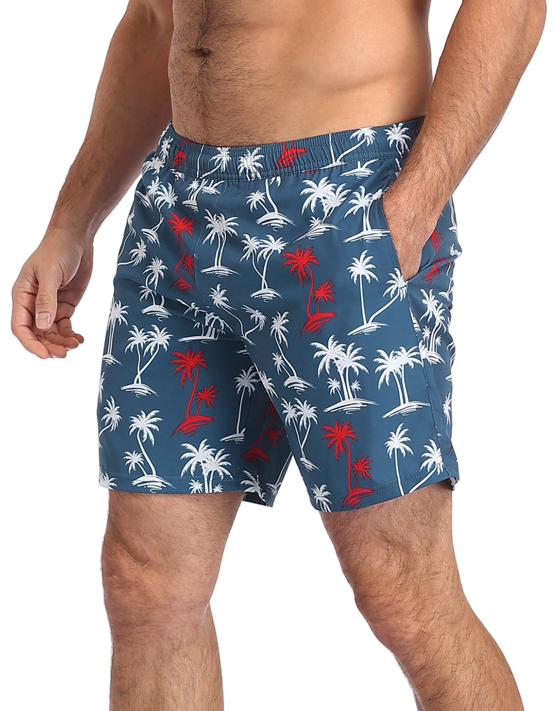 LRD Men's Swim Trunks with Compression Liner 7 Inch Inseam Patriotic Palms S