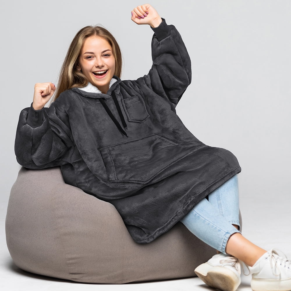 PAVILIA Wearable Blanket Sweatshirt for Kids Boy Girl Dark Grey Charcoal, Warm Cozy Giant Blanket Hoodie, Fleece Sherpa Oversized Blanket Sweatshirt with Sleeves, Big Pocket, Christmas Gift
