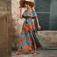 thumbnail image 5 of Women Ruffle Floral Maxi Summer Dress Off Shoulder Short Sleeve Backless Flounce Bodice Slit Hem Beach Dresses Vermilion XL, 5 of 6