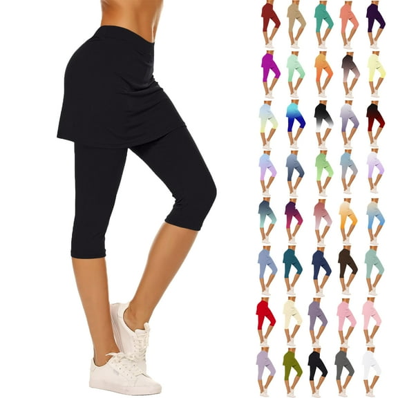 Leggings For Women Plus Size Solid Color Stretchy Compressive Pants Summer Fashion Women Trendy Cropped Yoga Skirted Pants Capri Gym Leggings With Black color Size XXL