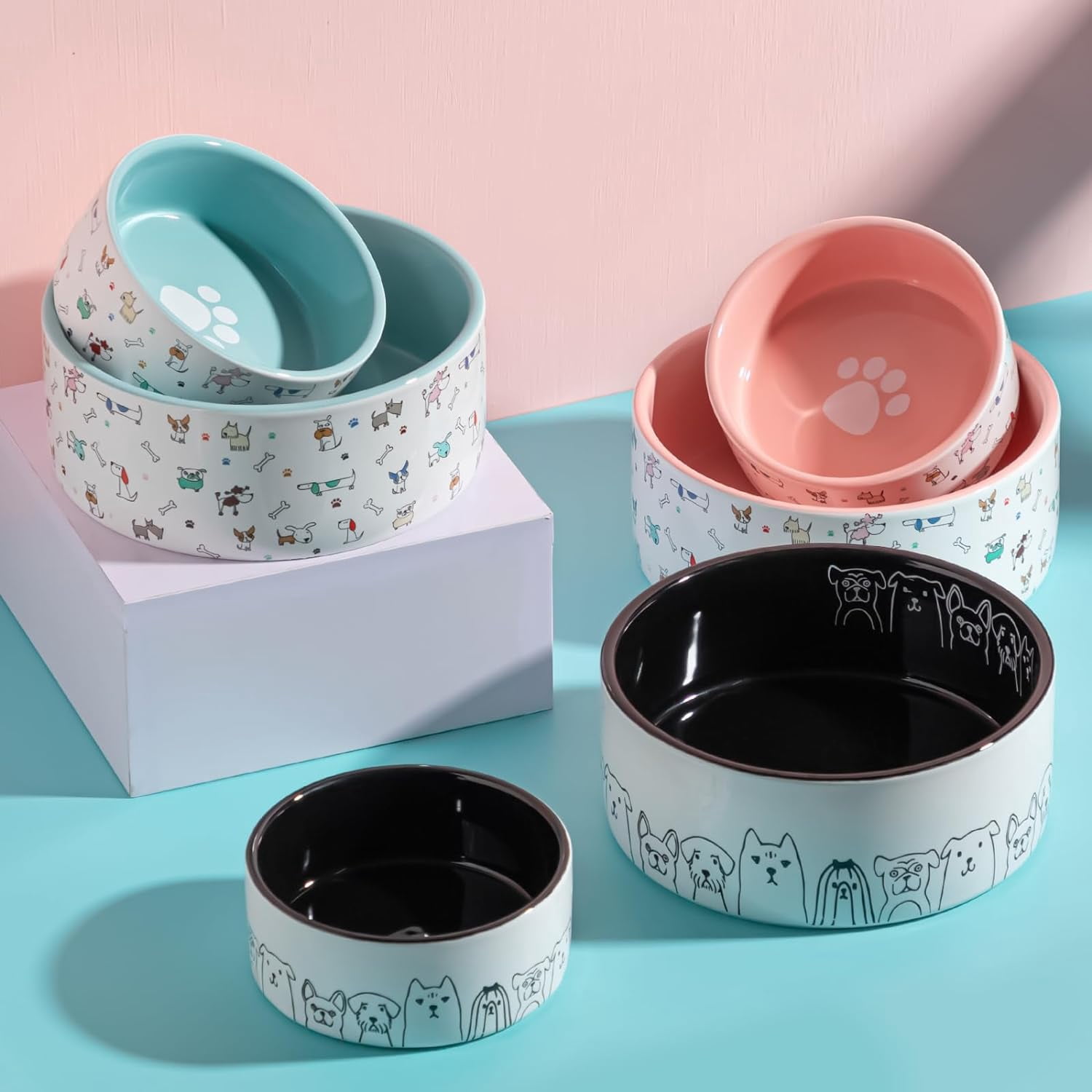 Fun Elements Ceramic Dog Bowls, Dog Bowls Large Sized Dog, 64 Fl Oz Heavy Dog Food Bowls Dog Water Bowl for Medium Dogs with Adorable Dog Patterns (Large,Pink)