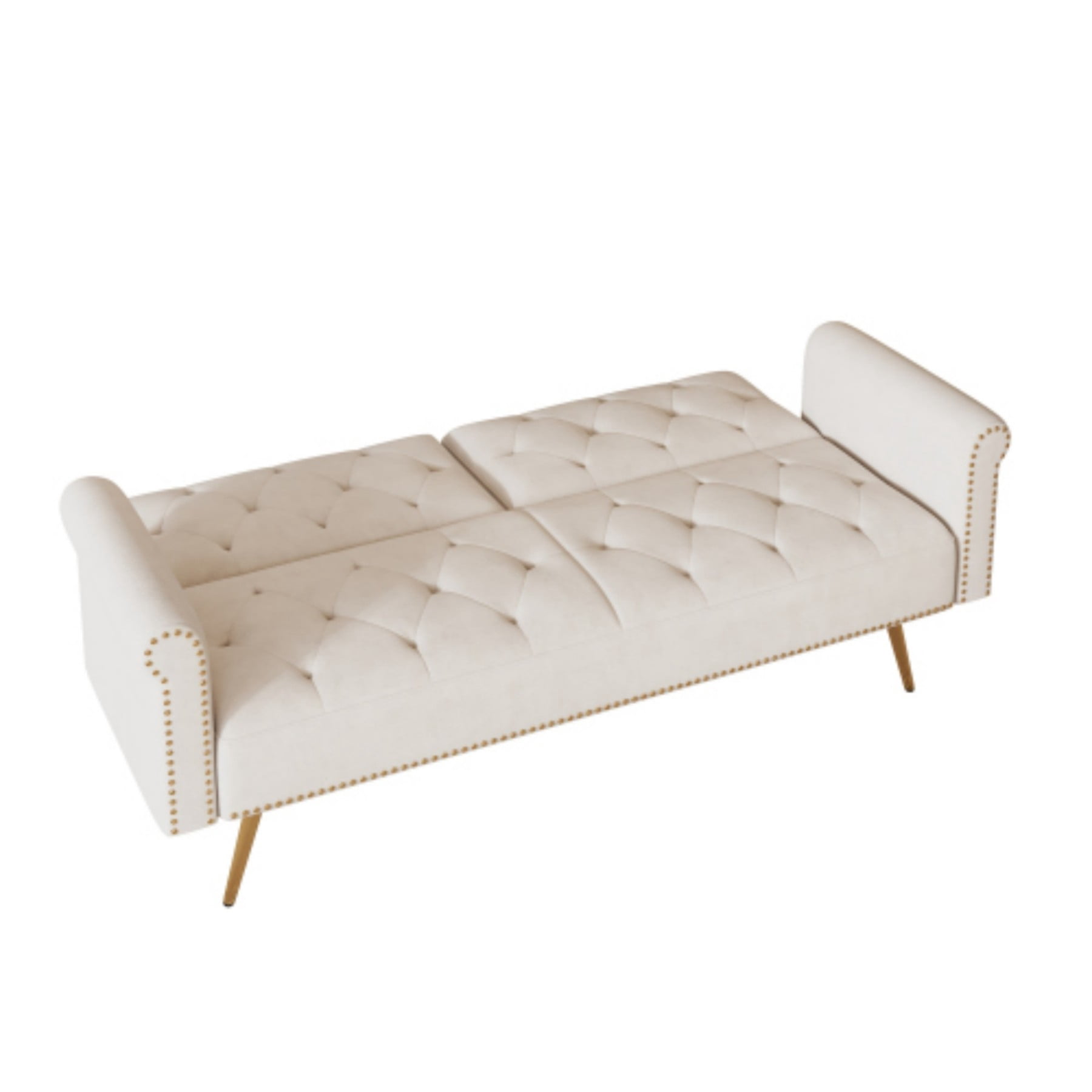 Velvet Sofa Bed, 69.7" Convertible Sleeper Sofa with Nailhead Trim & Pillow for Living Room Bedroom, Beige