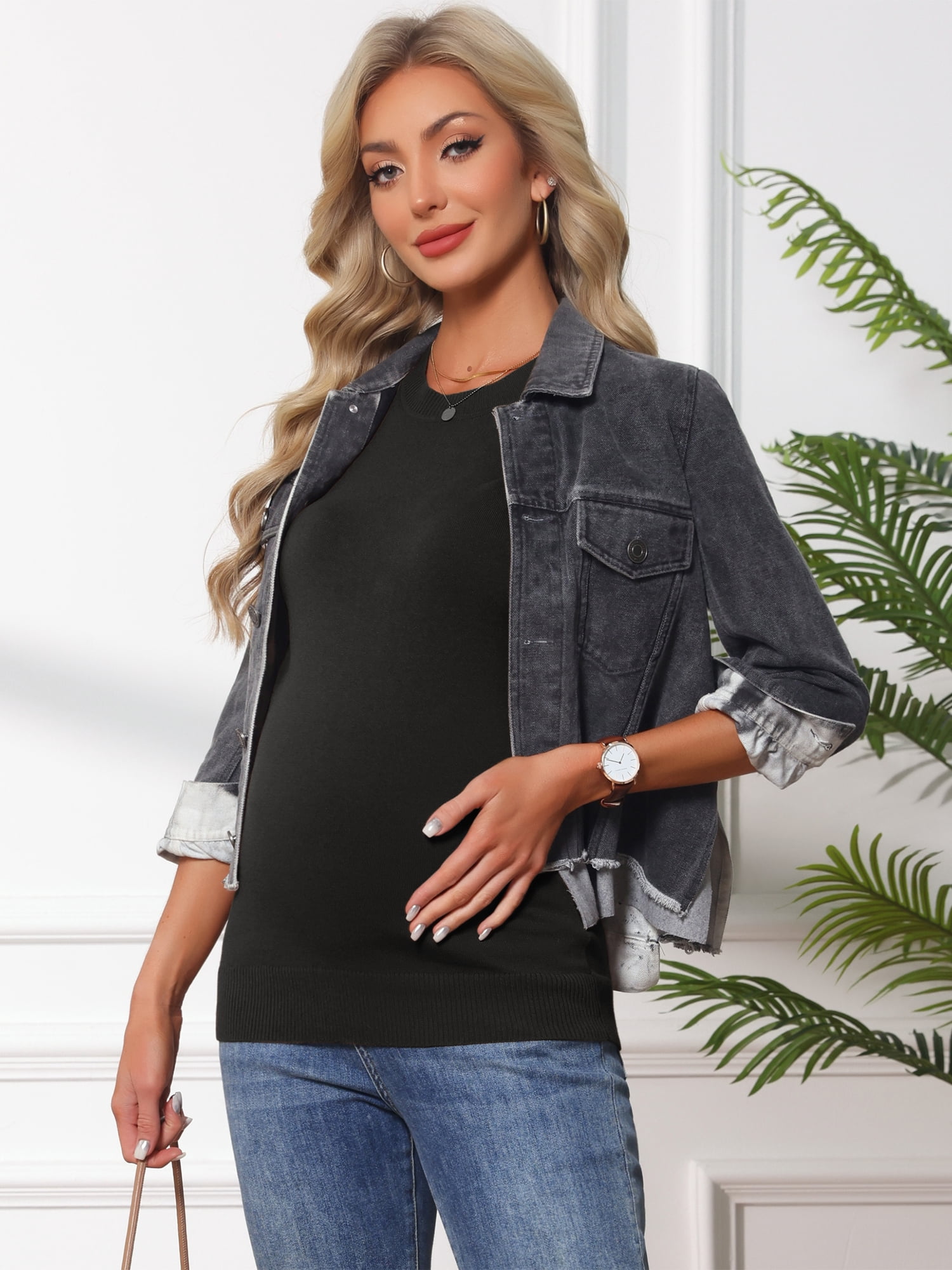 DARING DIVA Women's Maternity Stretchy Knit Short Sleeve Sweater 2XL Black
