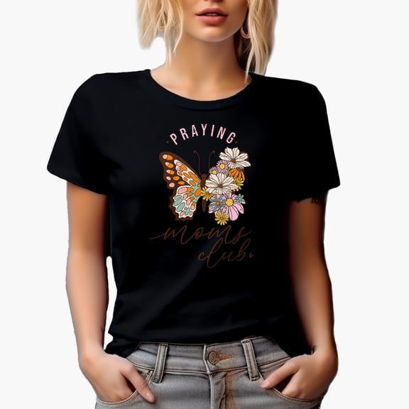 Distressed Retro Praying Moms Club with Butterfly & Flowers Art Merch Gift, Black T-Shirt, Small