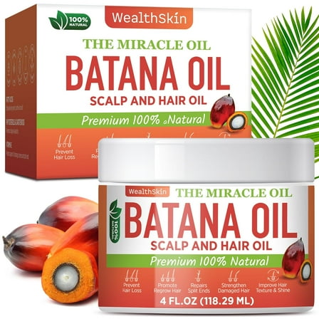 Wealthskin Batana Oil for Hair Growth: 100% Batana Oil from Honduras as Hair Mask, Scalp and Hair Oil. Repairs Damaged Hair & Skin, Reduces Hair Loss 4oz