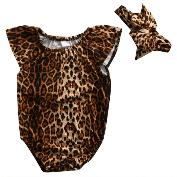 Qiylii Baby Girl's Leopard Romper, Ruffled Sleeveless Bodysuit + Hairband