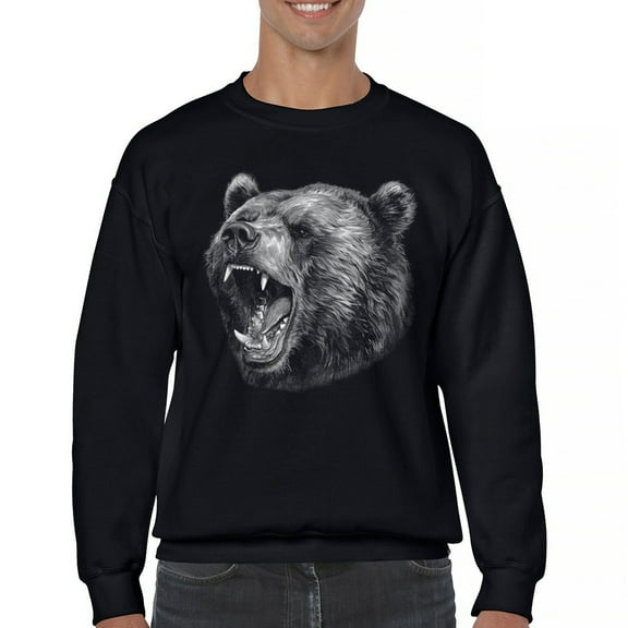 Roaring Grizzly Bear Sweatshirt Wild Animal Fierce Black and White Nature Wildlife Forest Predator Beast Crewneck