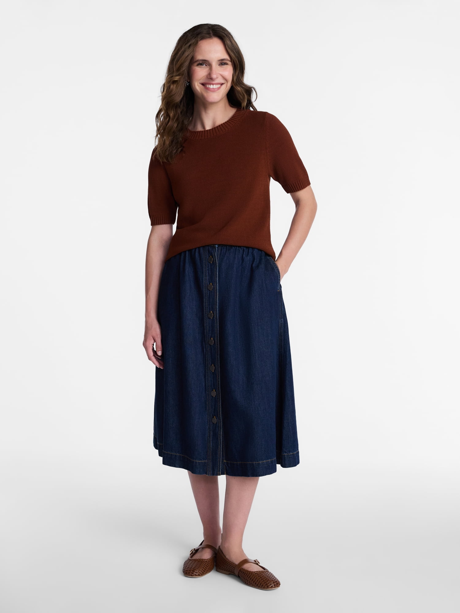 Time and Tru Women's Crewneck Sweater with Short Sleeves, Lightweight, Sizes XS-XXXL