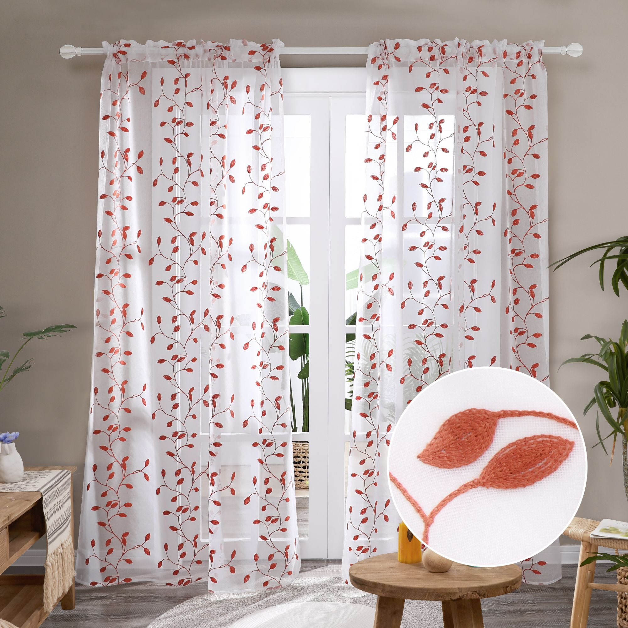 Grey Deconovo Back Tab Rod Pocket Cotton Floral Sheer Window Curtains for Girls Room 52x63 inch