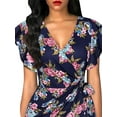 thumbnail image 3 of DYMADE Women V-neck Slim Pleated Flare Sleeve Printed Dress, 3 of 4
