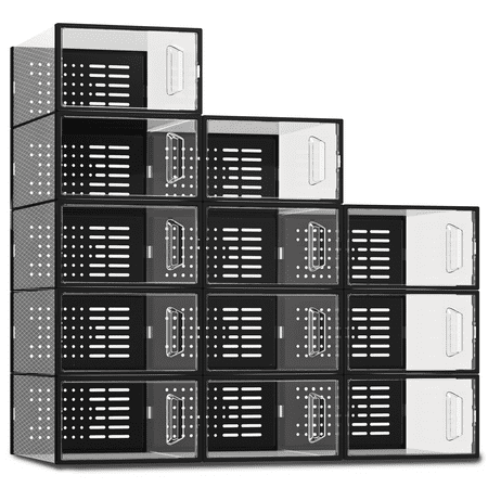 SEE SPRING Plastic Stackable Sturdy Shoes Rack  Black 12 Pack