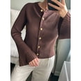 thumbnail image 5 of Women Trendy Crew Neck Ribbed Knit Crop Bell Long Sleeve Open Front Button Down Sweater Shirt Fall Outfit Brown L, 5 of 6