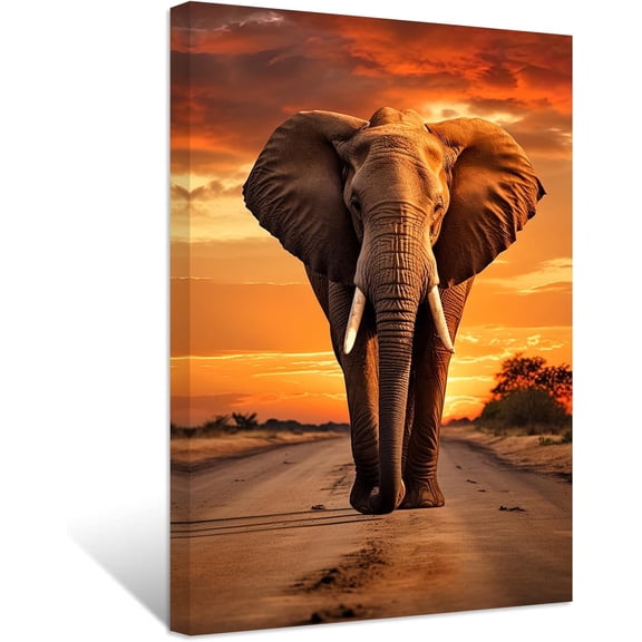 ZHONGYUTONG Elephant Canvas Wall Art African Wild Animal Painting Prints Sunset Forest Elephant Pictures Office Wall Decor Framed (12.00" x 18.00") Multiple Sizes Available