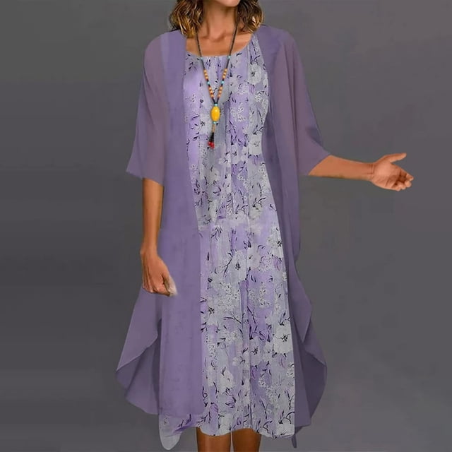 AMERTEER Soldes de Vacances 2022! Robes de Printemps Été Mode Femmes Décontracté Imprimé Floral Col Rond Sans Manches Robe Manteau Uni Ensemble Deux Pièces